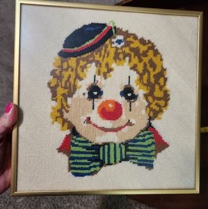 Kitsch Vintage 70s handmade needlepoint clown framed wall art